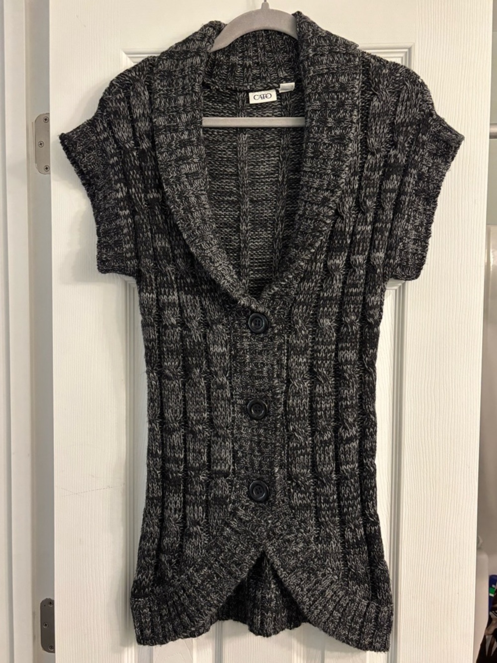 Cato Short-Sleeve Shawl Collar Button-Up Sweater - Charcoal